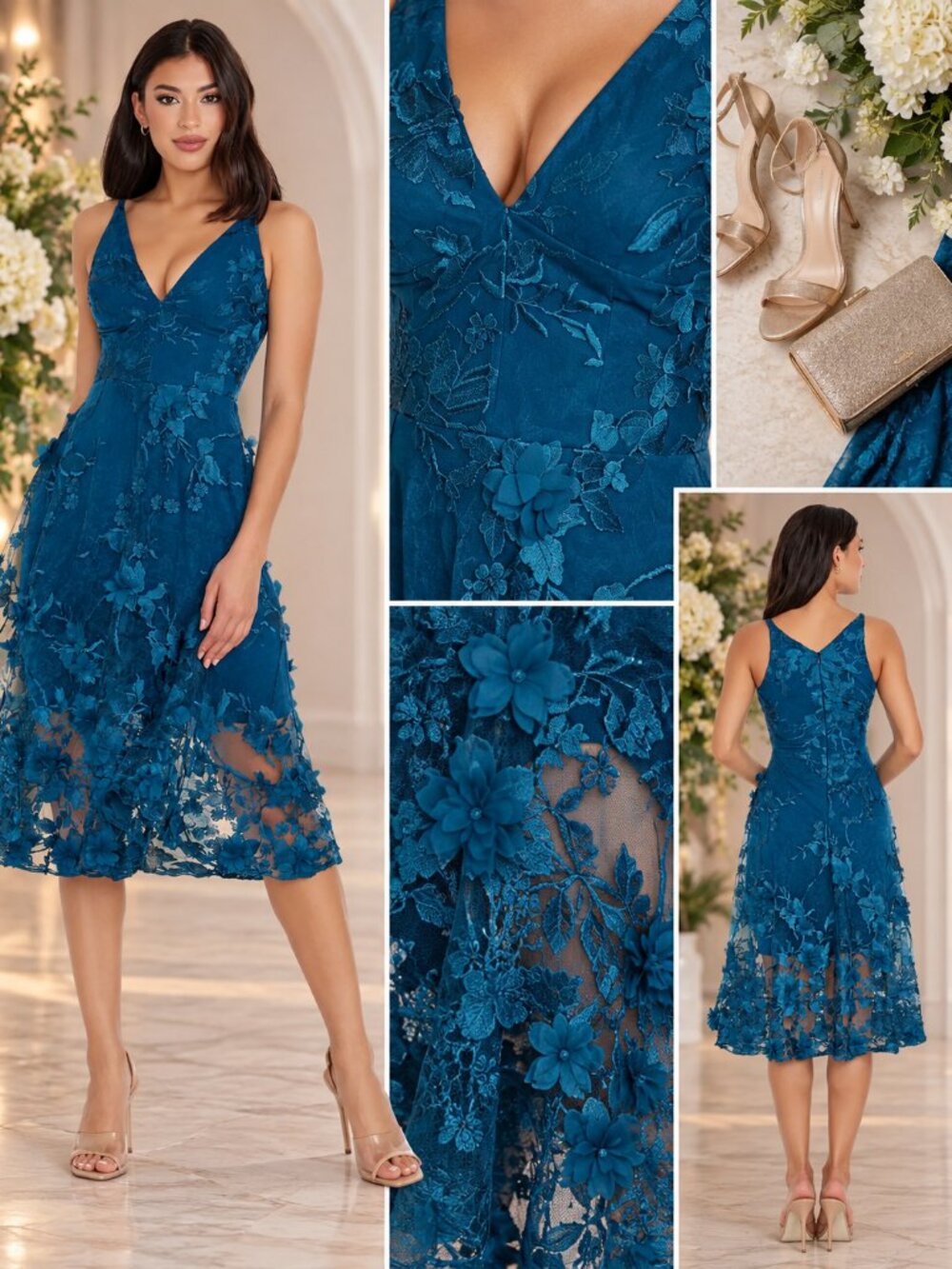 Dress the Population Audrey Peacock Blue Floral Lace Midi Dress XL NWT
